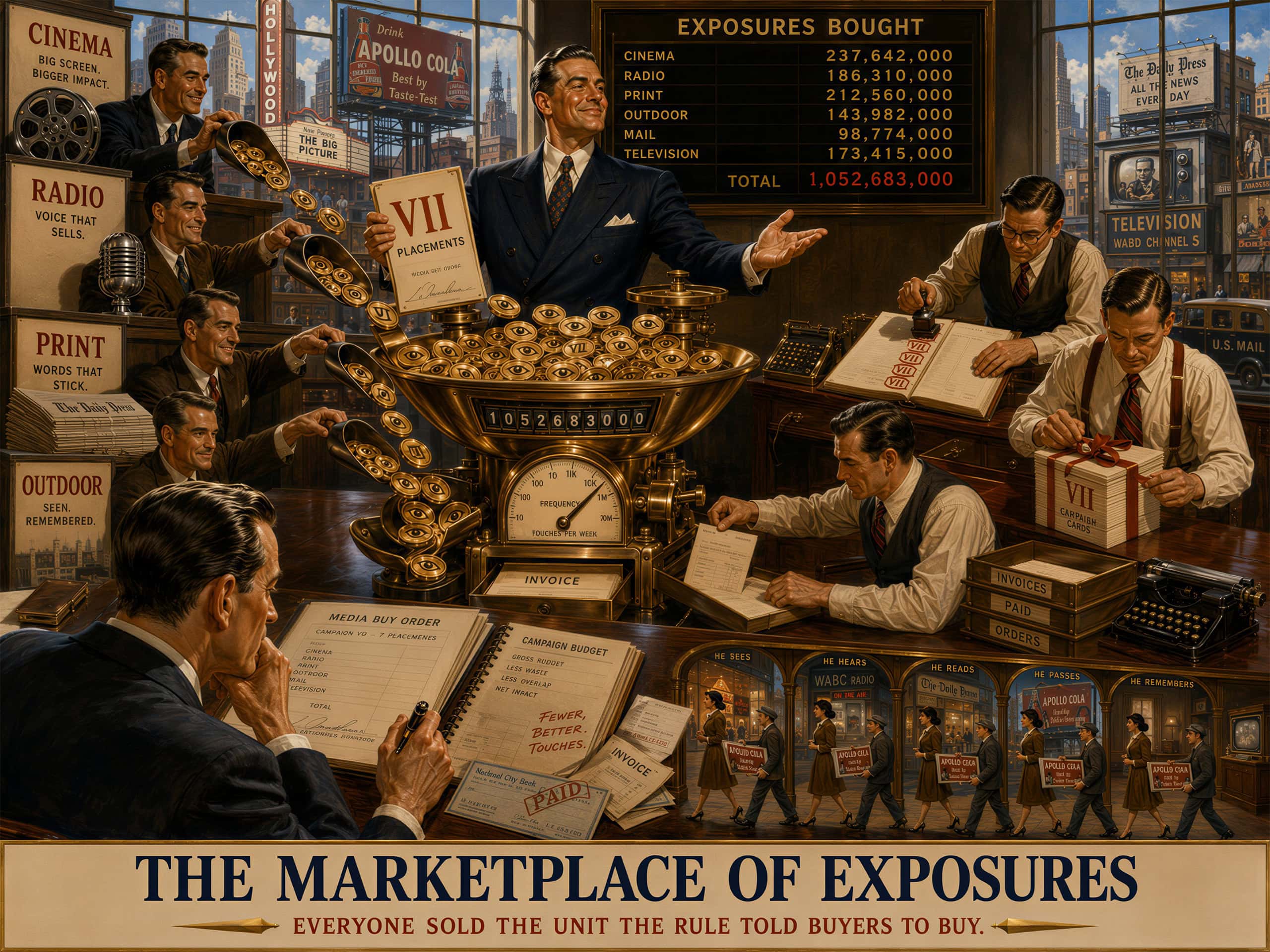 The narrative argues that a trillion-dollar advertising economy is denominated in exposures, with platforms, retargeting systems, agencies, ad-tech firms, and measurement houses all organised around selling and counting touches.